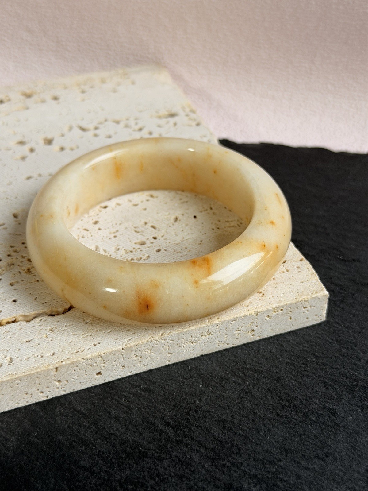 Natural Shoushan Jade Bangle 53.8mm Cream Ivory Jade with Honey Gold Inclusions