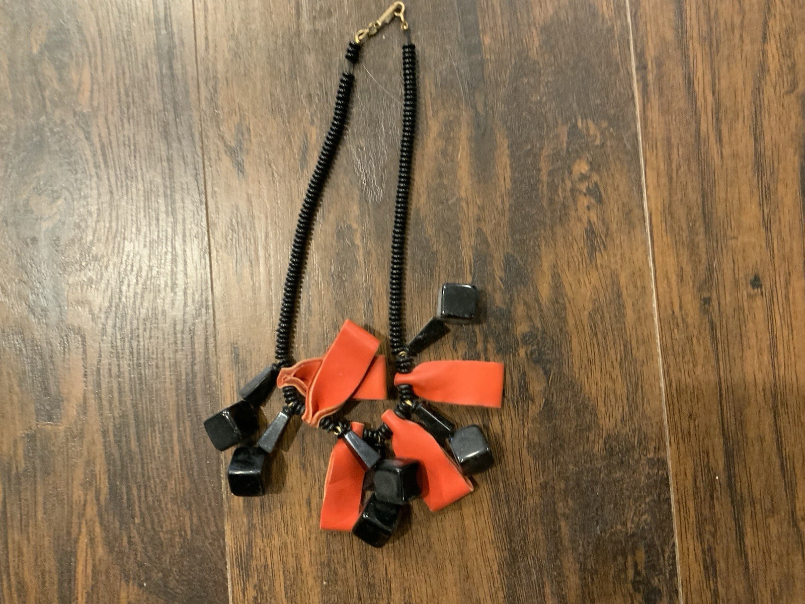 Vintage Red & Black Orange Plastic and Leather Statement Necklace