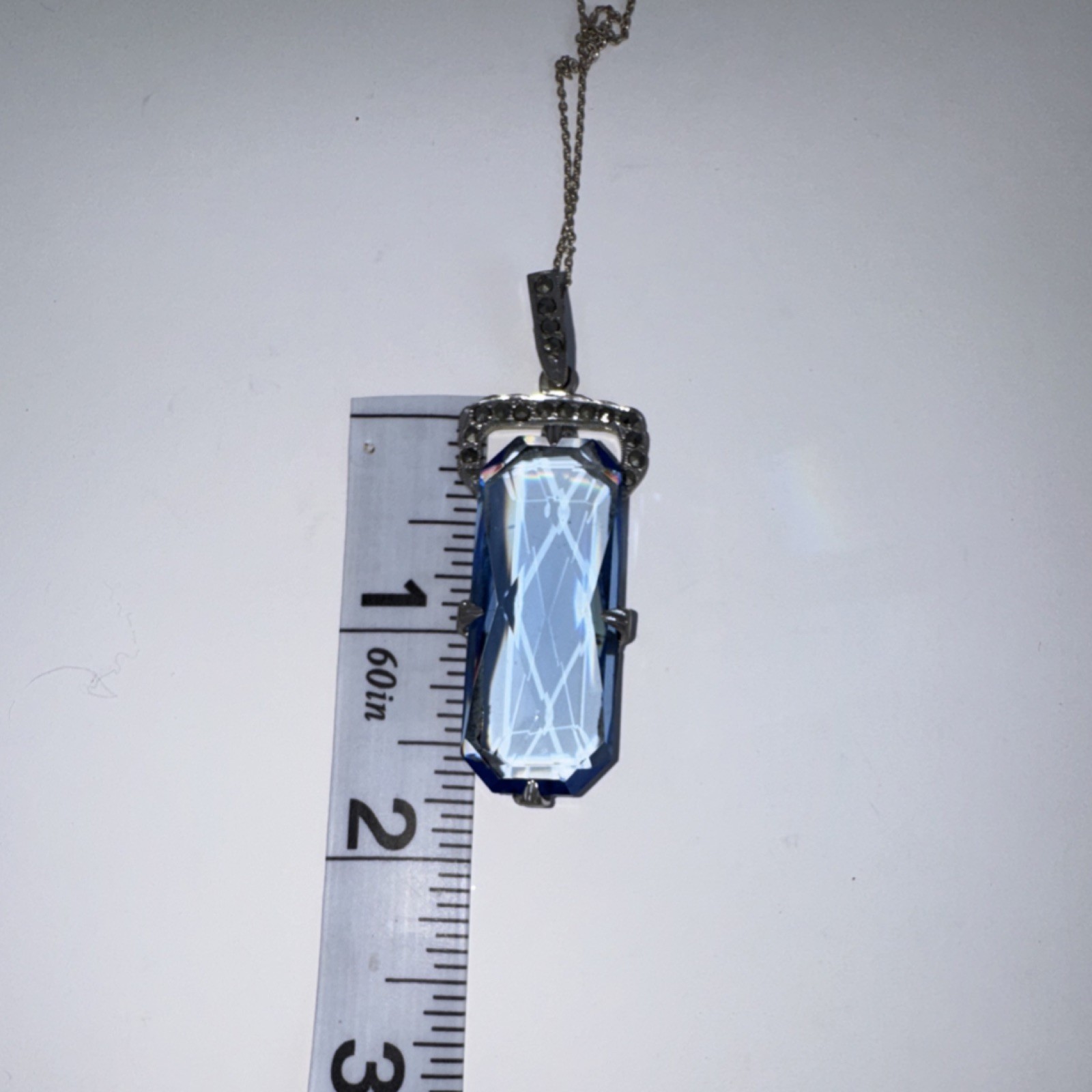 Vintage Blue Spinel Glass Emerald Cut Rectangle Pendant 16″ Silver Chain