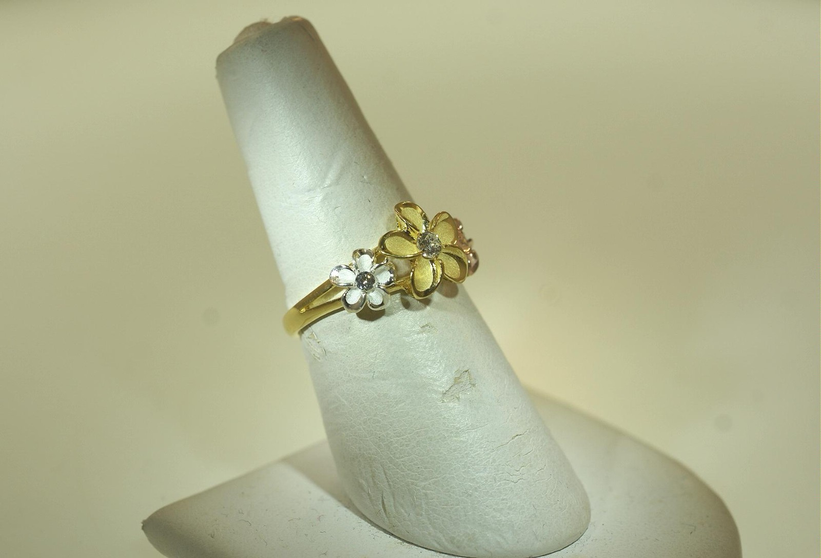 10.5MM/6.5MM TRI-COLOR GOLD PLATED 925 SILVER HAWAIIAN FANCY PLUMERIA CZ RING