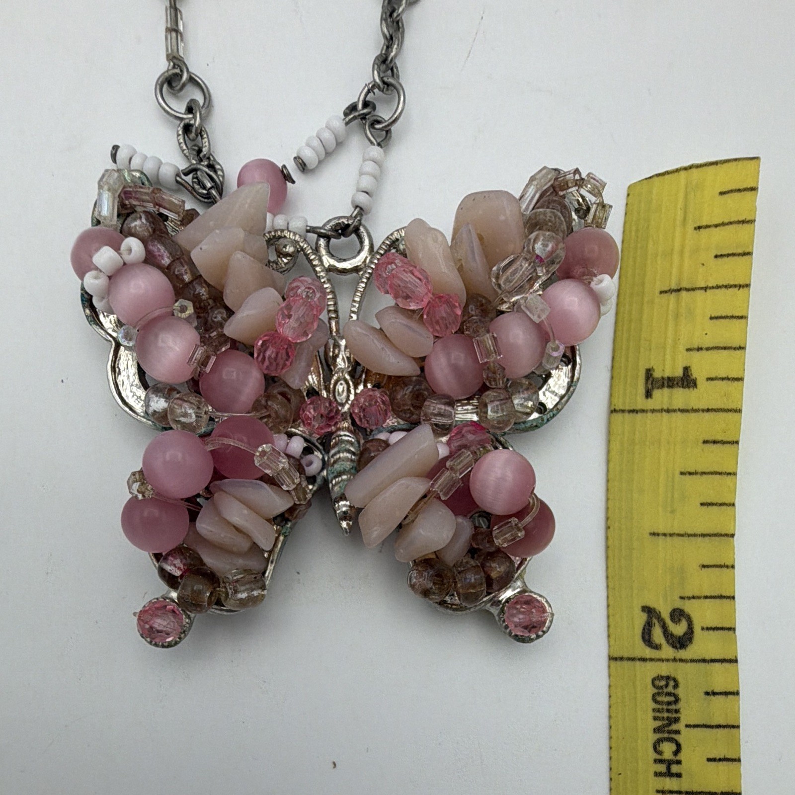 Pink Crystal Beaded Necklace Silver Tone Chain Butterfly Charm Lobster 18+3in
