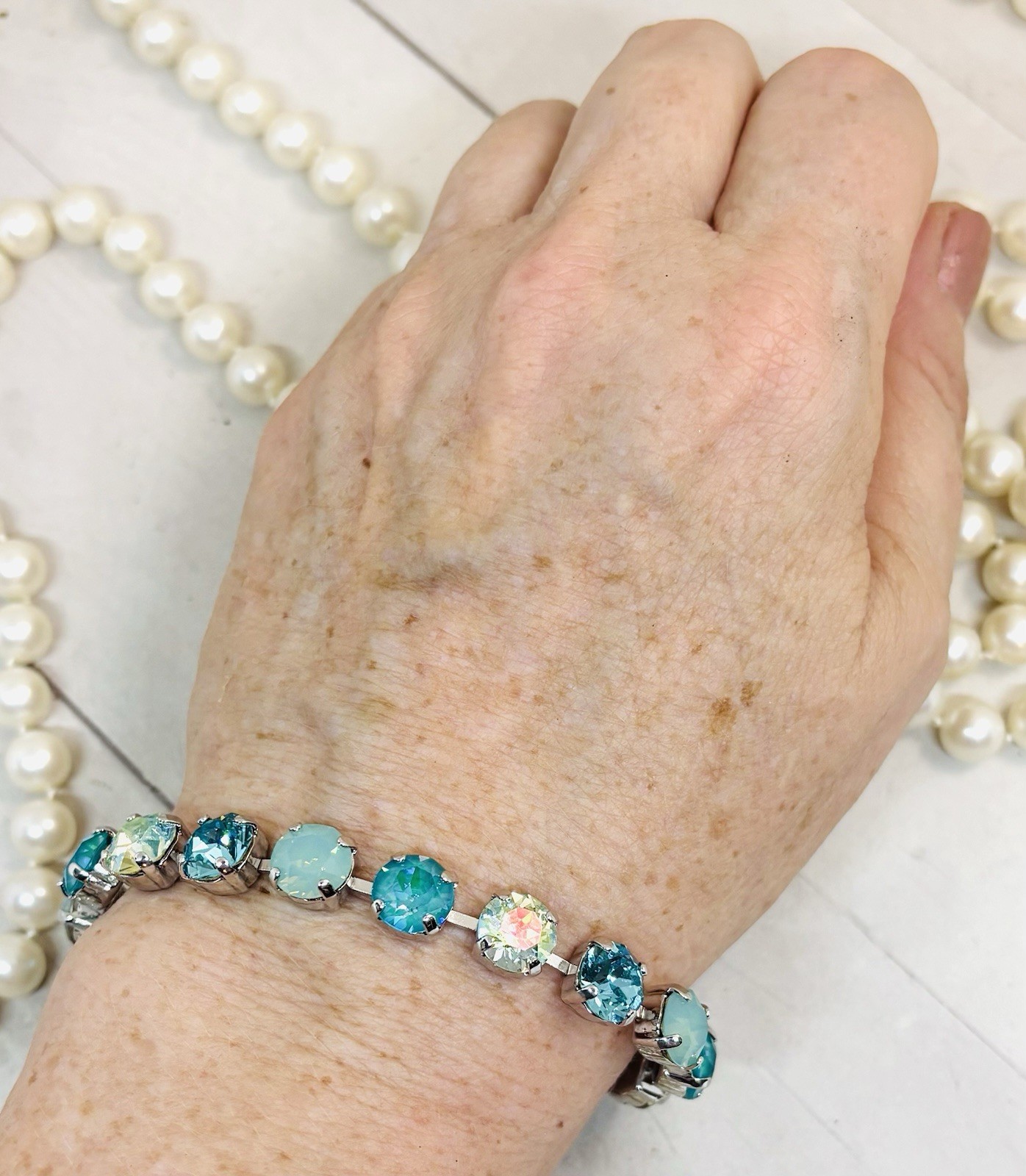 8mm Shiny Silver Plated Mint Green PACIFIC OPAL Teal Cup Chain Tennis Bracelet