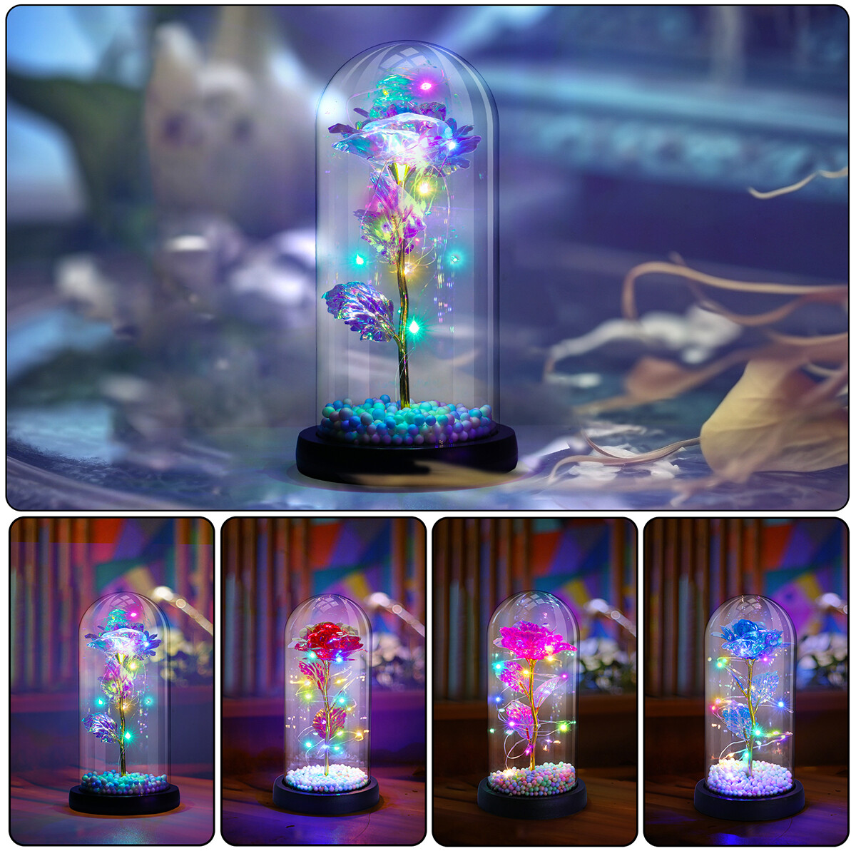 Preserved Eternal Gold Foil Rose In Glass Galaxy Flower Dome LED Light Gift Her