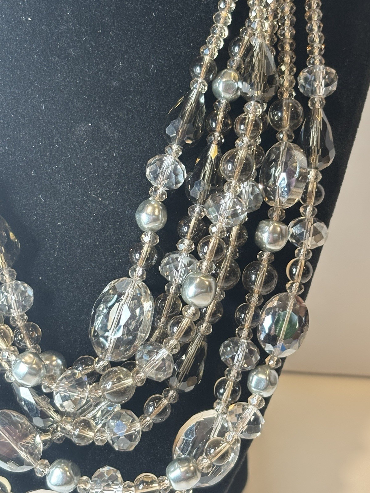 Talbots 6 Strand Gray Smoky Glass Bead Statement Necklace 21” Layered Signed