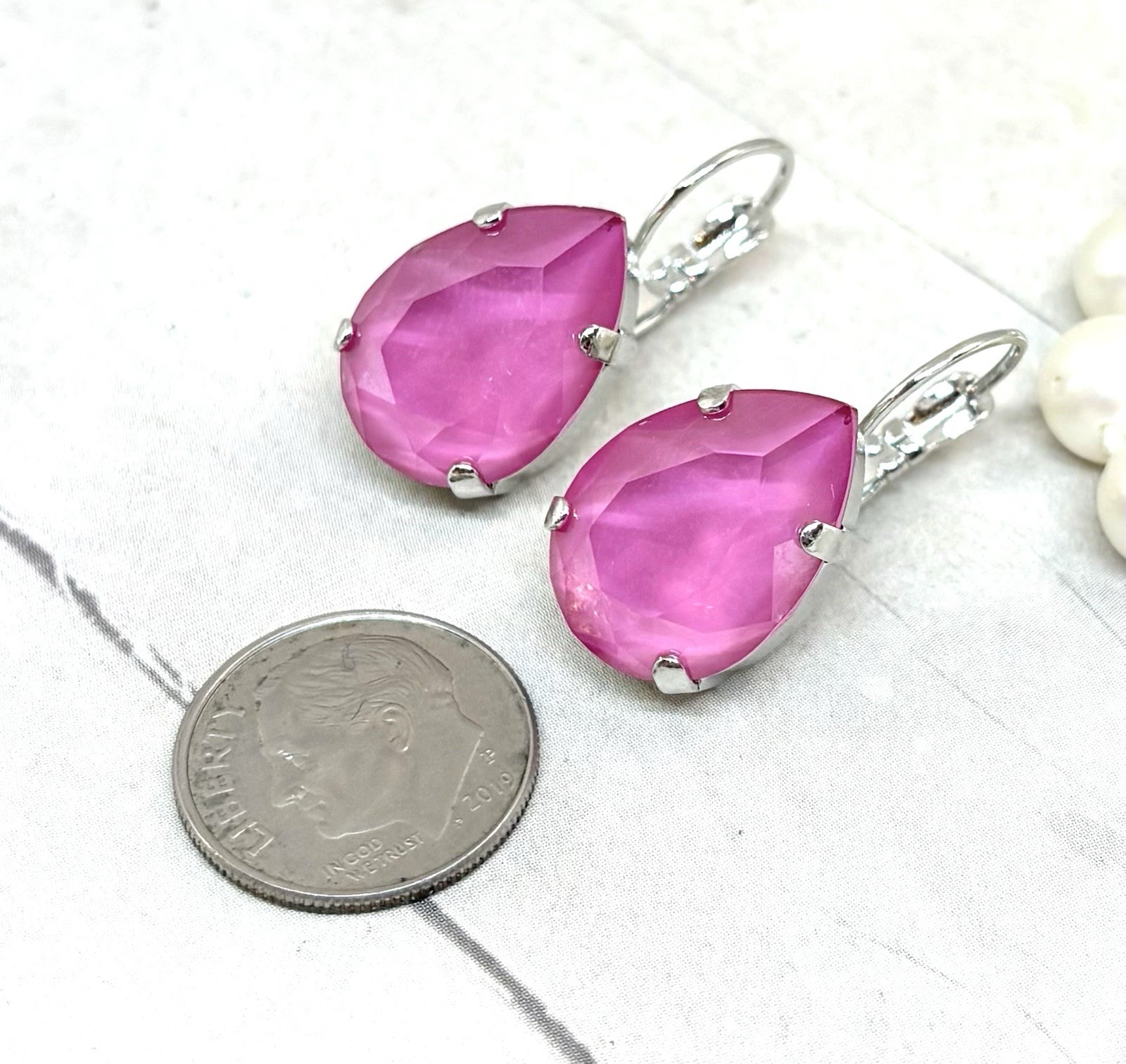 18mm Shiny Silver Plated Bubblegum Pink Pear Shaped Crystal Cup Chain Earrings