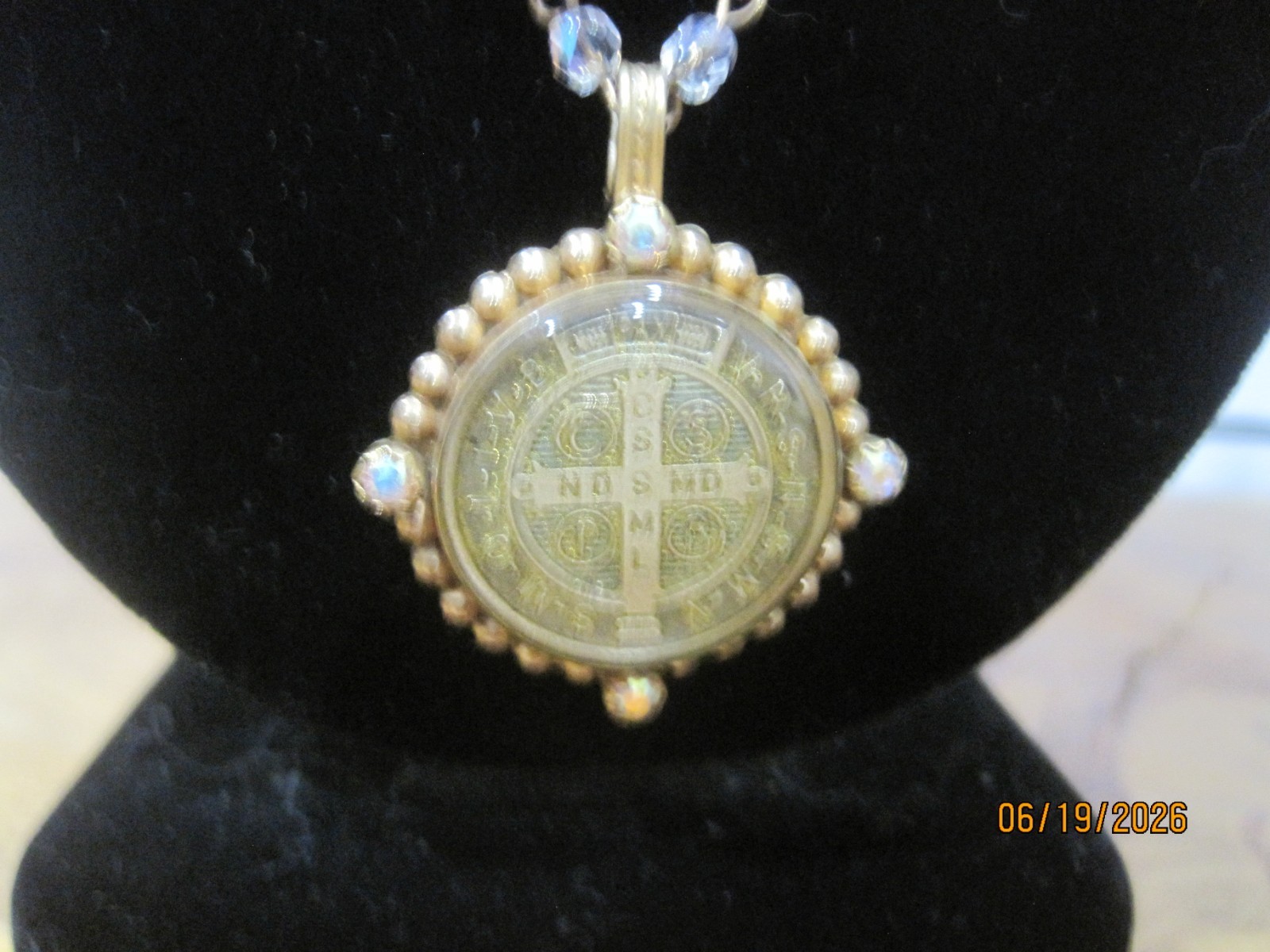 VSA Virgin Saints & Angels San Benito Crystal Necklace Gold Tone Saint Benedict