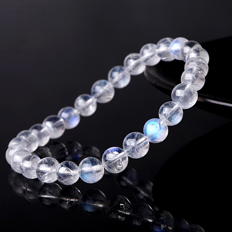 7mm Natural Moonstone Blue Light Crystal Clear Round Beads Bracelet AAAA