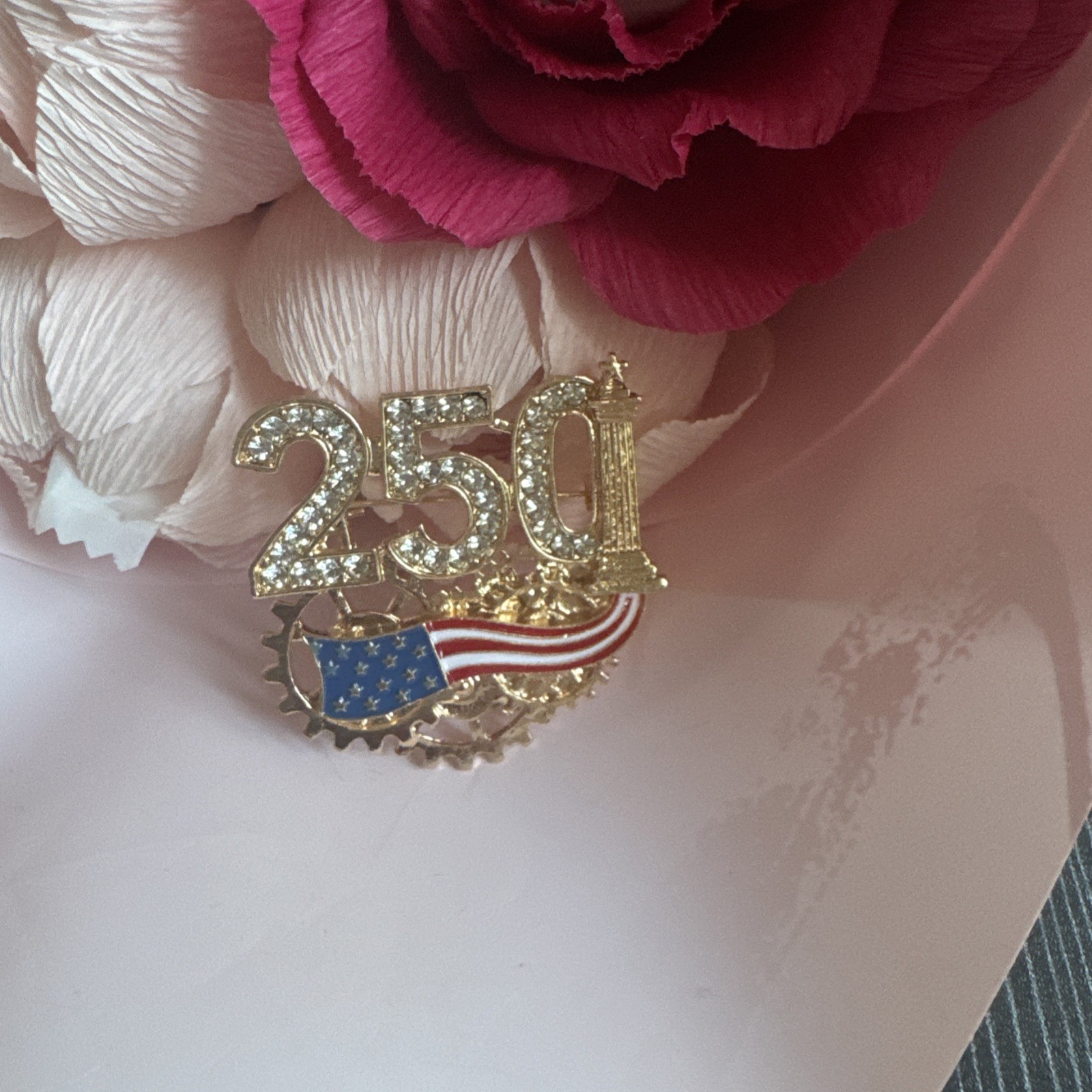USA Flag Brooch Enamel Rhinestone Independence Day 250 Year Anniversary Pin