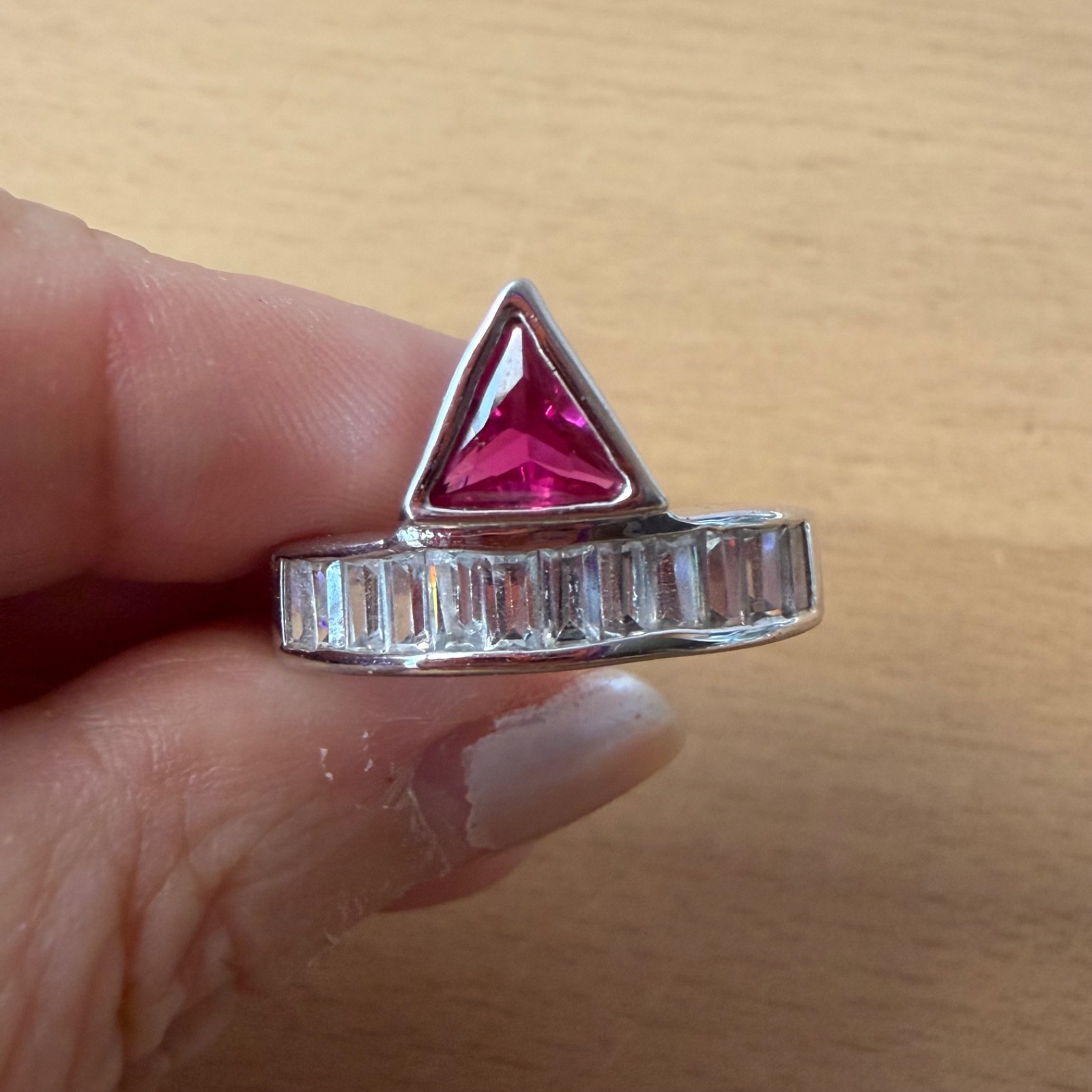 SYNTHETIC RUBY / PINK SAPPHIRE BAGUETTE RHINESTONES GEOMETRIC RING SILVER TONE