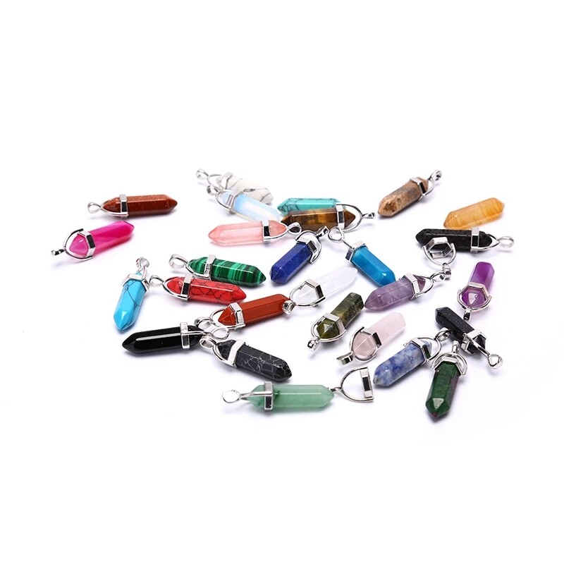 Wholesale 30pcs Natural Mixed Stone Pendants Hexagonal Pillar Pendulum Necklaces