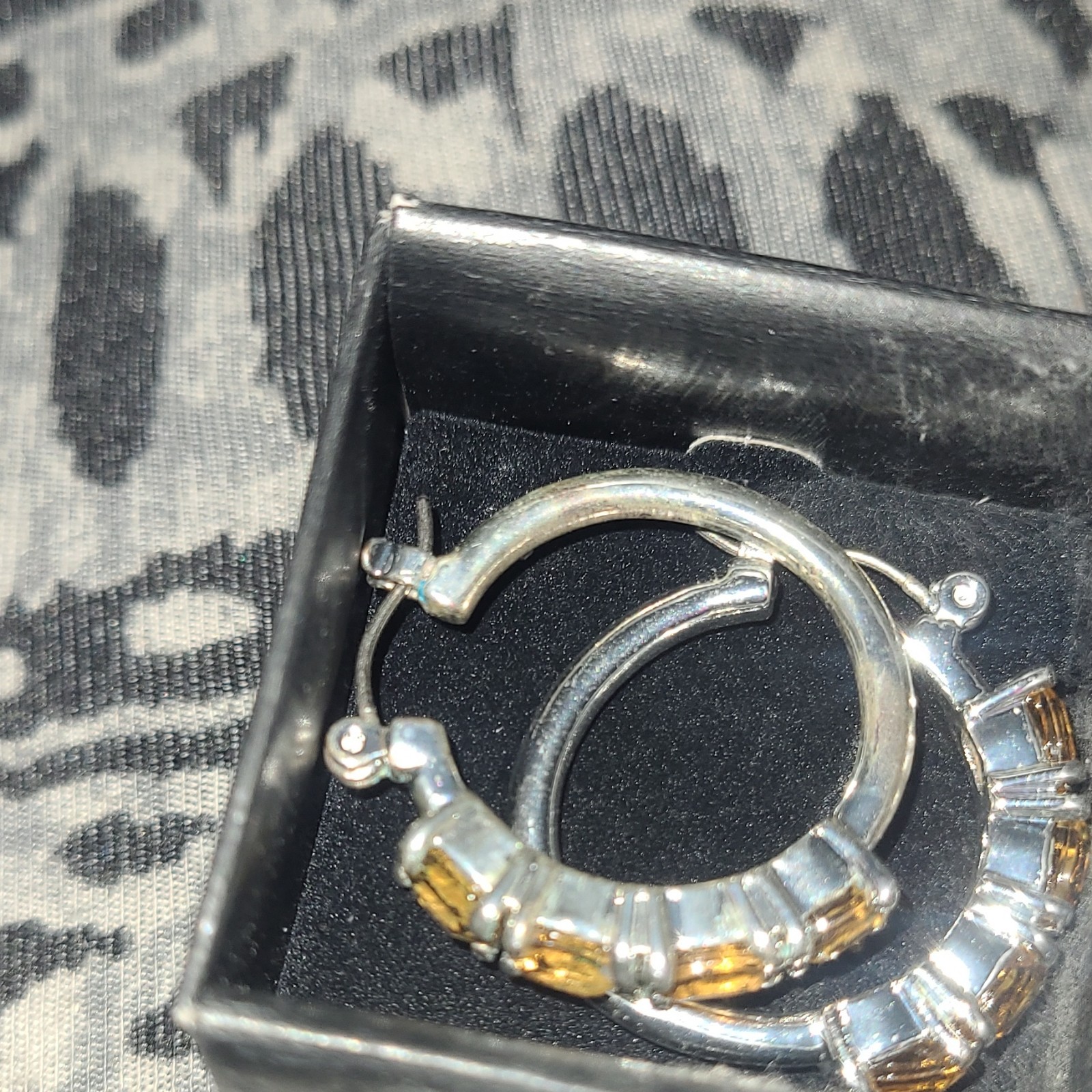 Citrine Baguette Rhinestone Hoop Earrings Hinged Silvertone Yellow Round