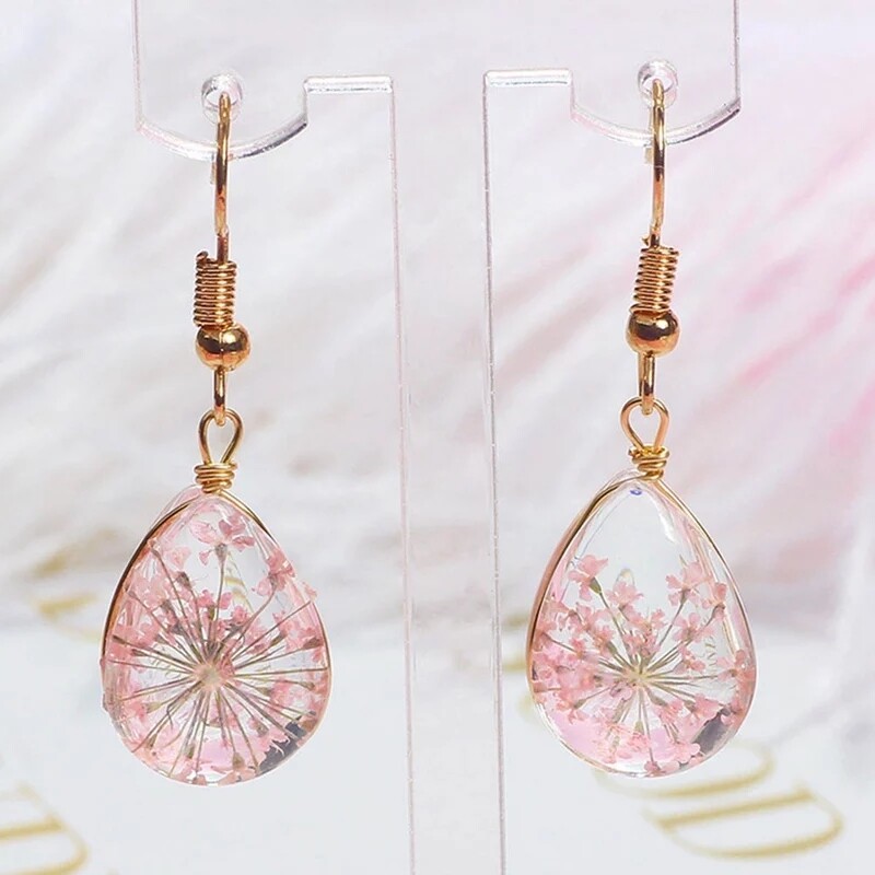 REAL Flower Earrings Dried Pressed resin glossy rose daisy gold Cottagecore cute