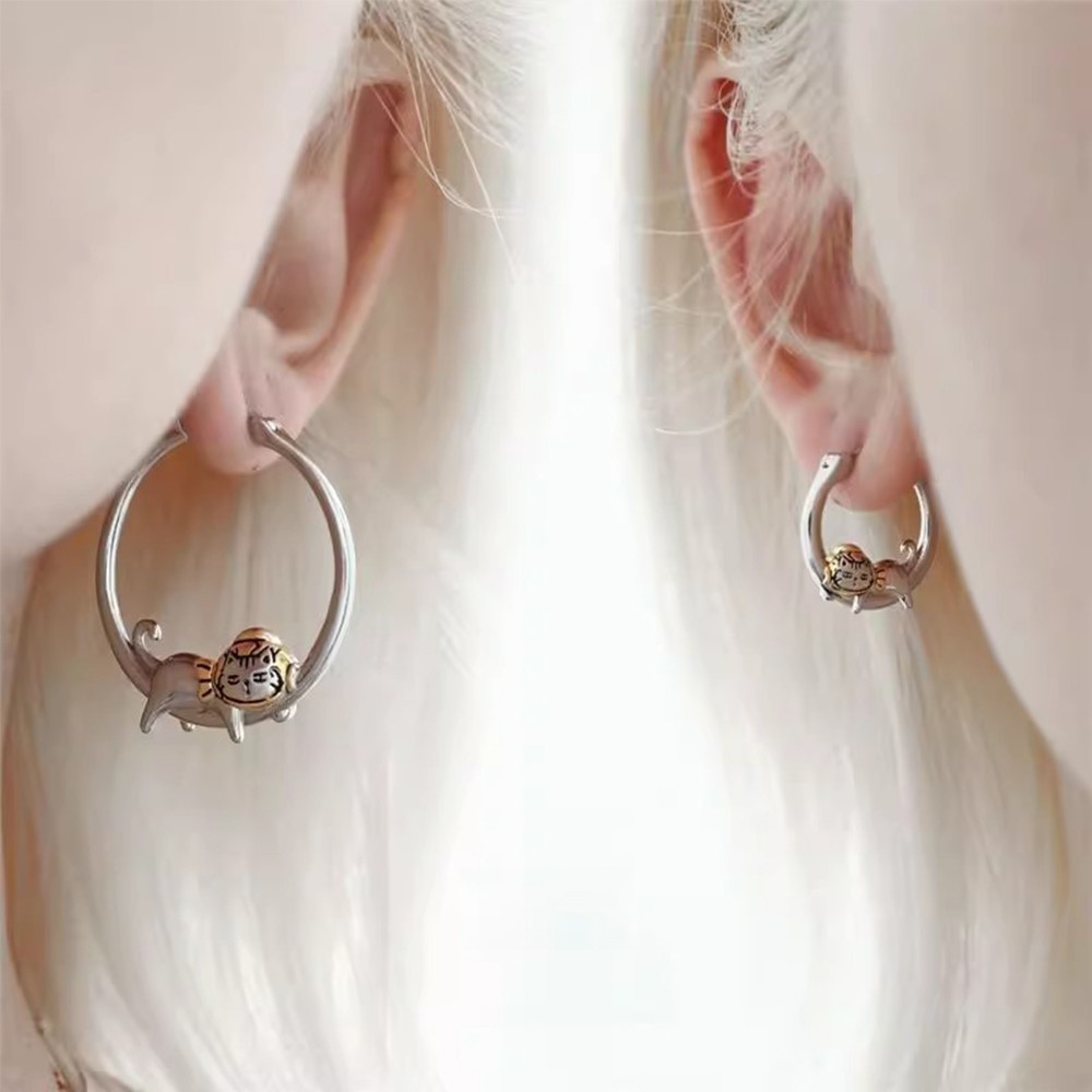 Silver Round Hoop Earrings Sleeping Cat Cute Animal Earring for Women Gifts NEW