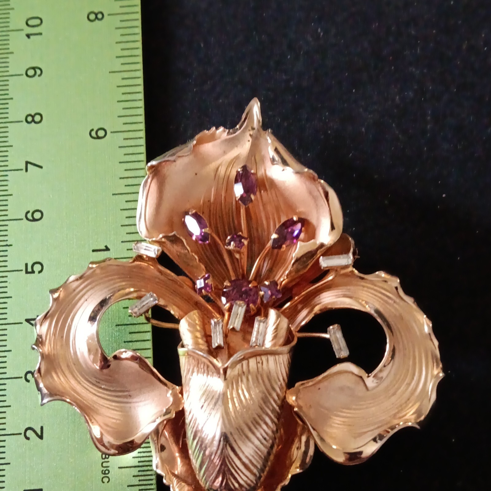 Vintage gold Tone Pin ,Purple &clear Rhinestones Accents ,Metal 3 in