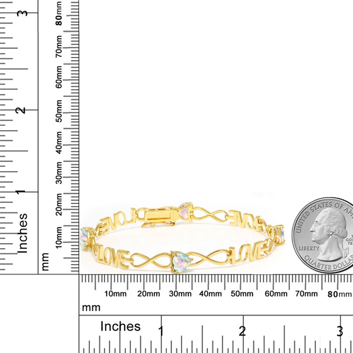 Heart Shape Simulated Opal 18K Yellow Gold Plated Silver Infinity Love Bracelet