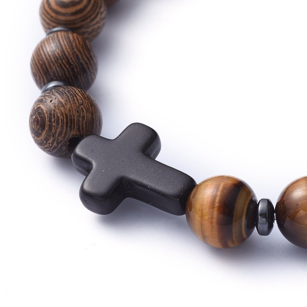 Unisex Tiger Eye Stretch Bracelet Cross Black Hematite Bead Stretch Healing T54