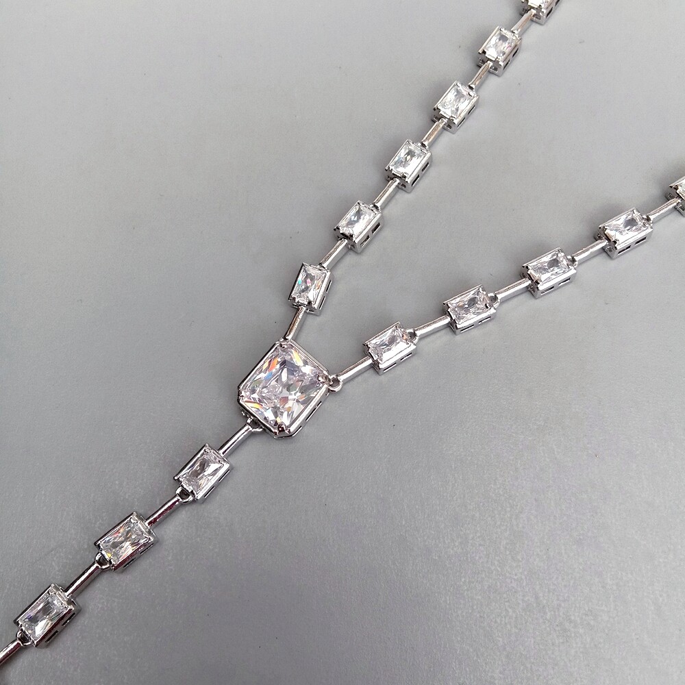 Rectangle Cubic Zirconia White Gold Plated Cultured White Keshi Pearl Necklace