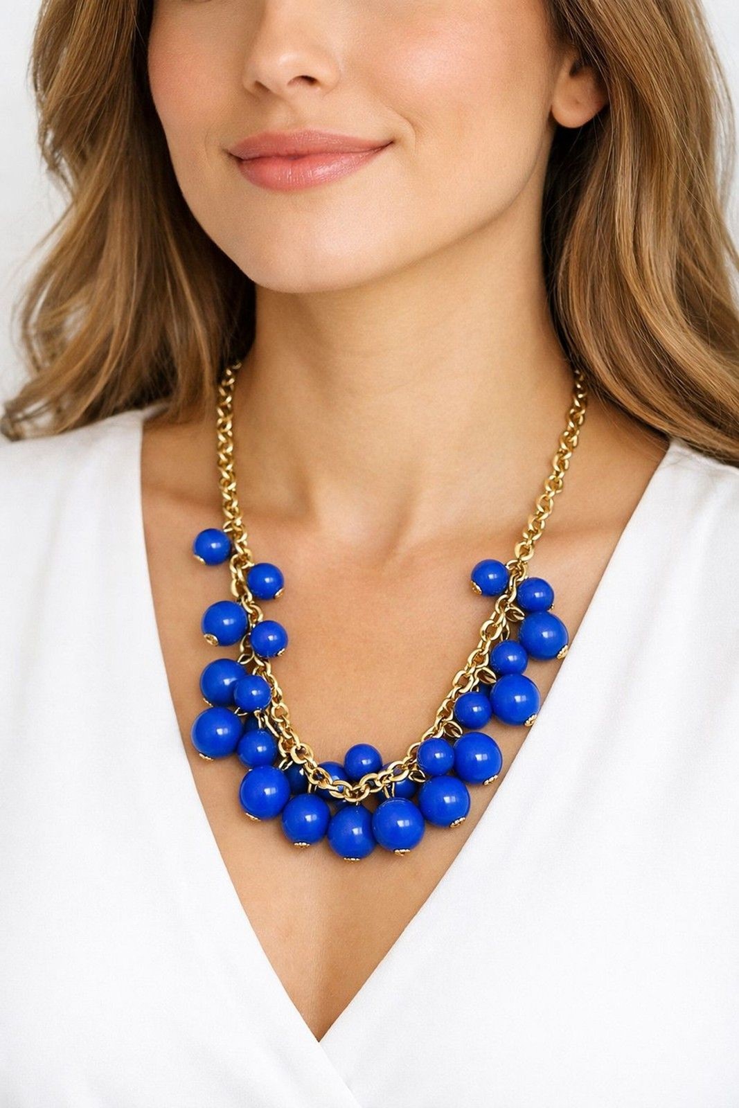 Gold Tone Metal Purplish Blue Beaded Cluster Fashion 18″ x 20.5″ Necklace Bold