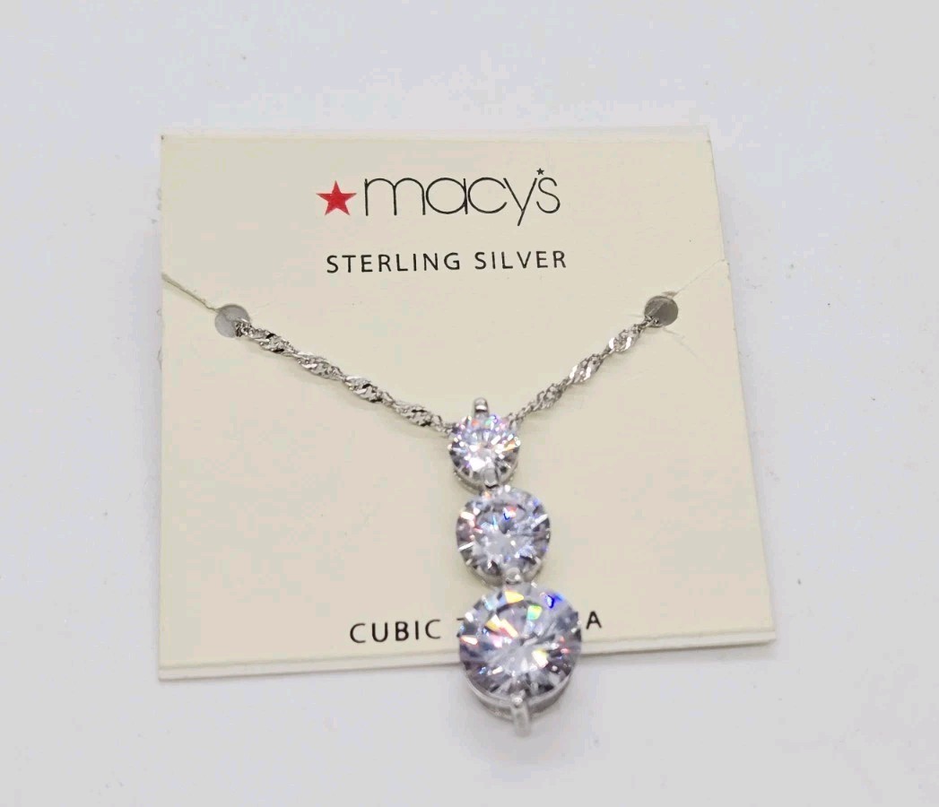 Sterling Silver 925 Pendant Necklace 3 Round Cubic Zirconia Stone Drop CZ 17 in