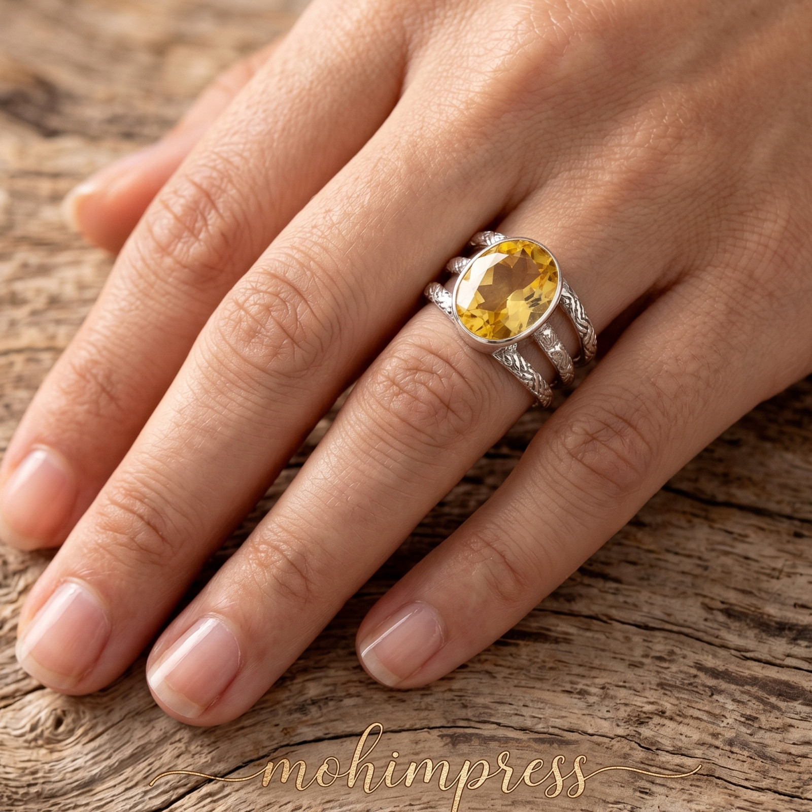 925 Sterling Silver Natural Citrine Three-Band Textured Ring