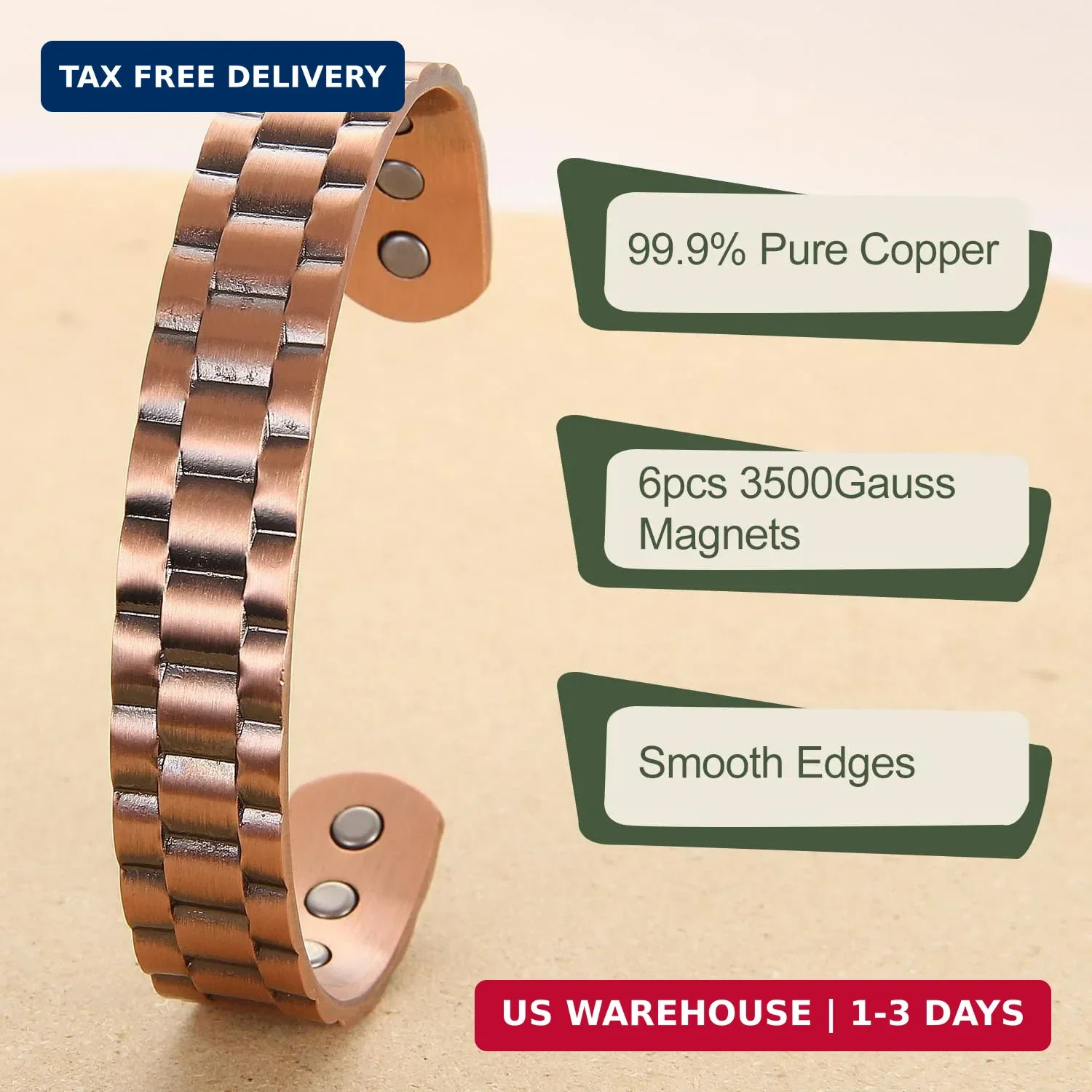 MagEnergy Copper Bracelet for Men, 99.9% Pure Copper Bracelet for Men with 6pcs