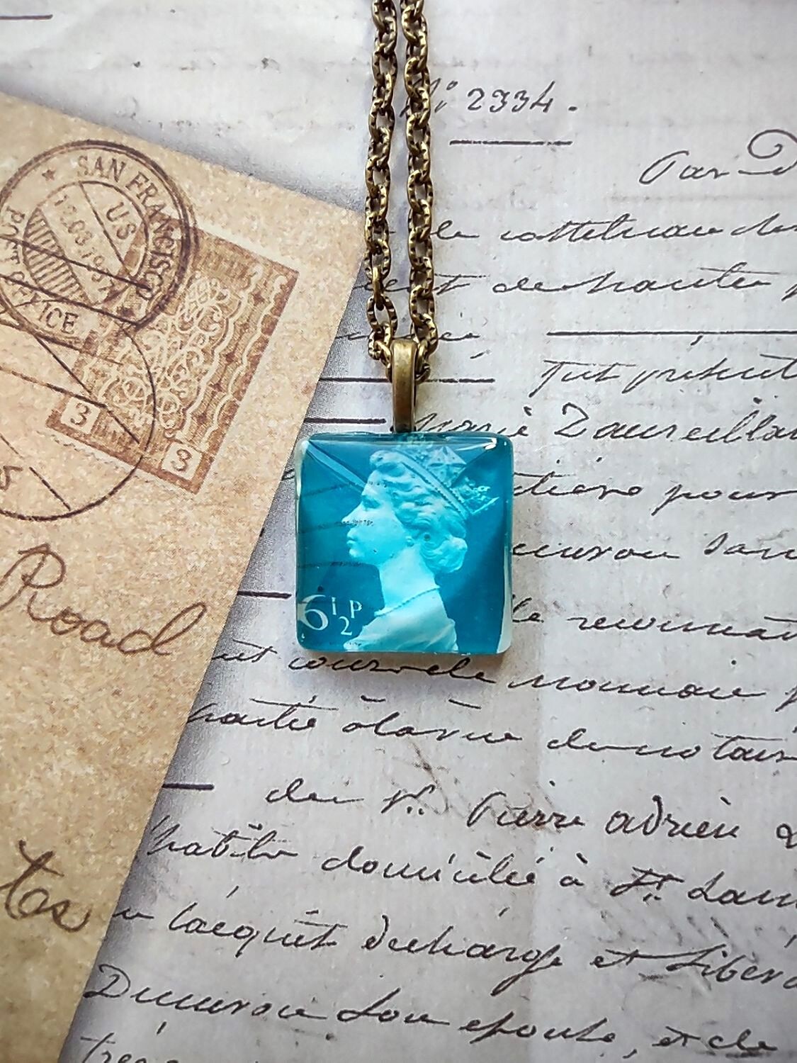 Handmade Authentic Postmarked Queen Elizabeth Postage Stamp Glass Tile Necklace