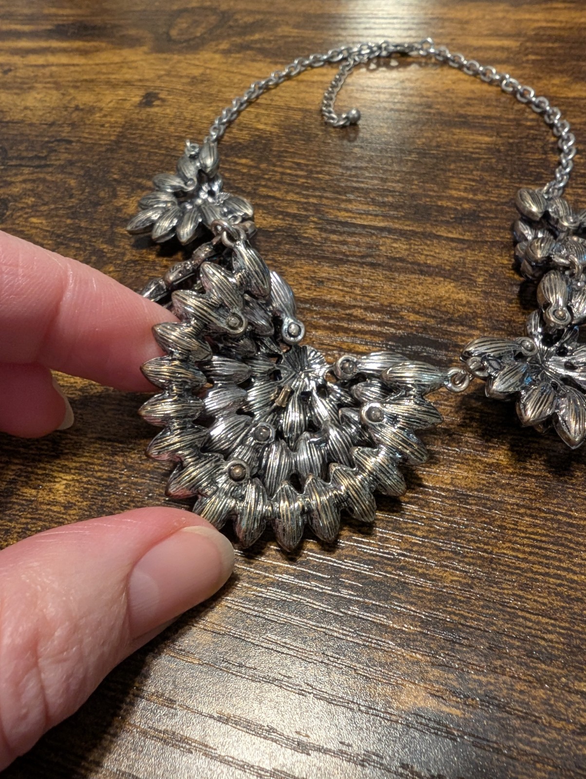 Navy Blue Crystal Marquise Flower 5 Cluster Statement Necklace Silver Tone