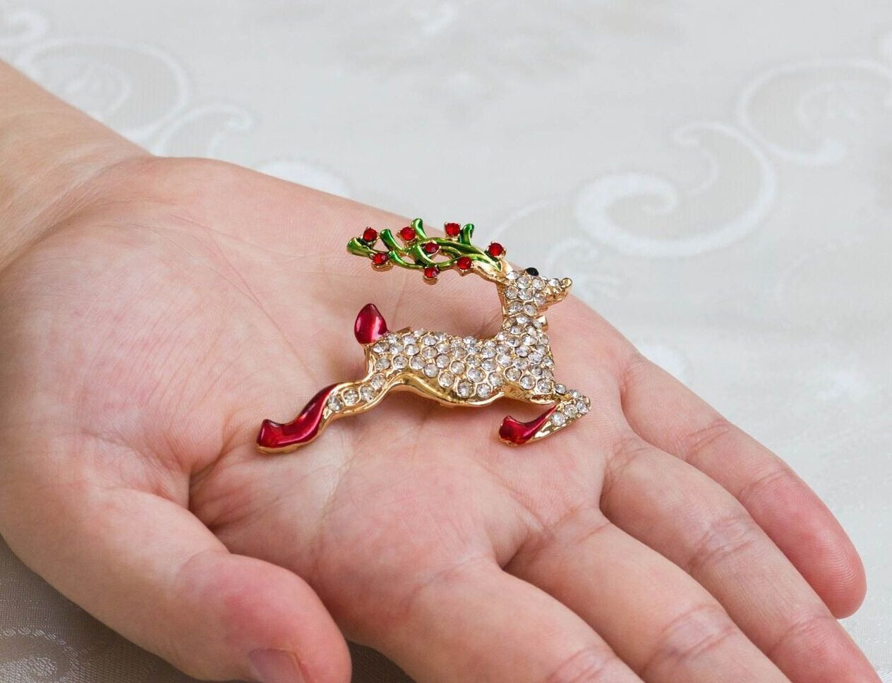 RUDOLPH THE RED NOSE REINDEER ENAMEL & RHINESTONE CHRISTMAS PIN BROOCH~VTG STYLE