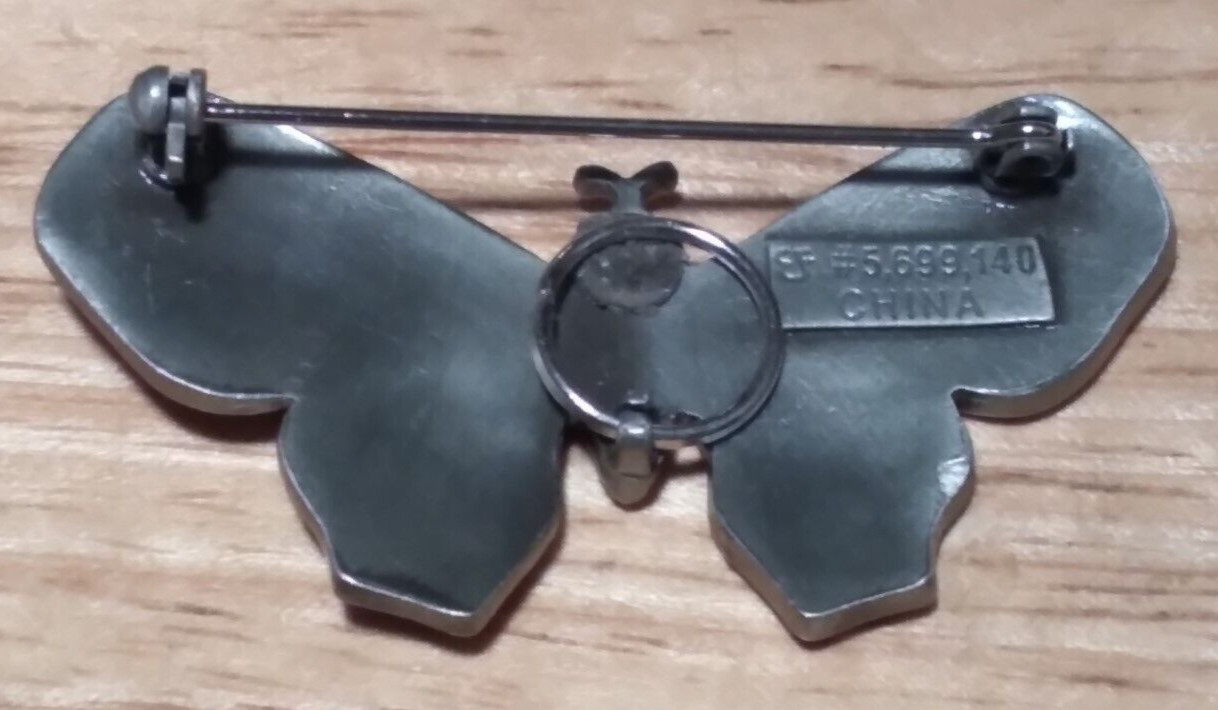Pewter & Enamelware Butterfly Brooch = Pewter & Maroon Color 2″ Wide New