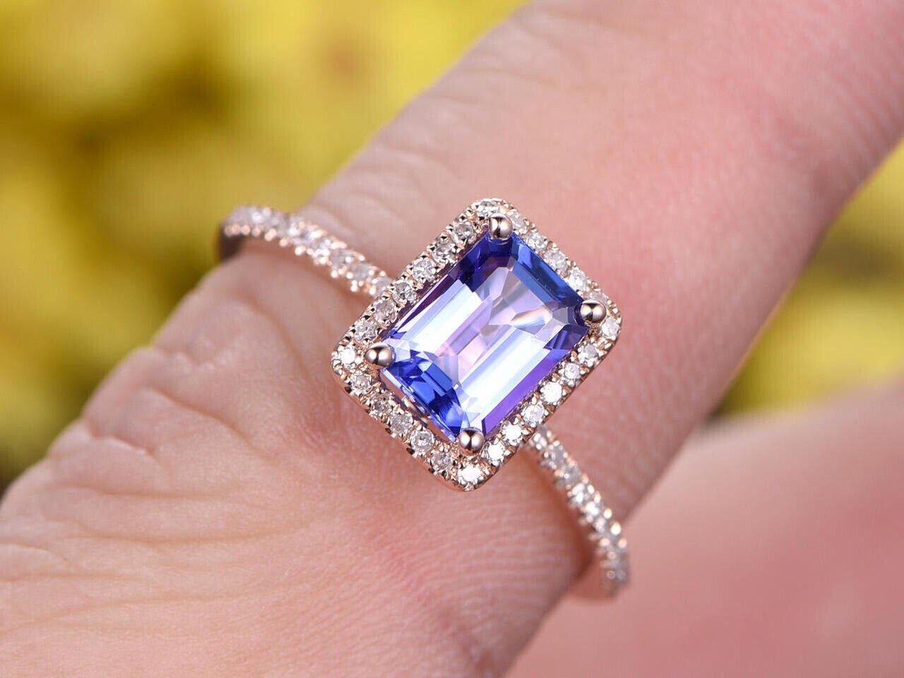 2.50 Ct Emerald Cut Blue Tanzanite Halo Engagement Ring 14K Rose Gold Plated