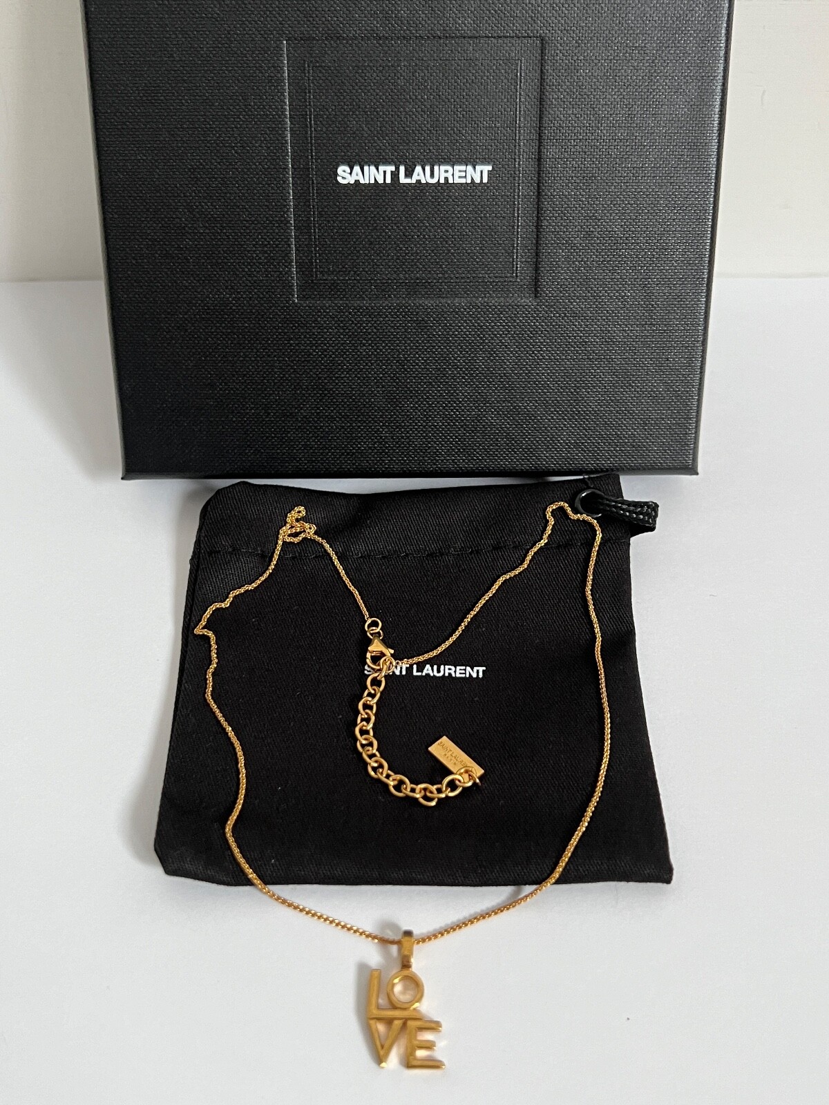 NIB Saint Laurent YSL LOVE Charm Antique Gold Brass Pendant Chain Necklace $650