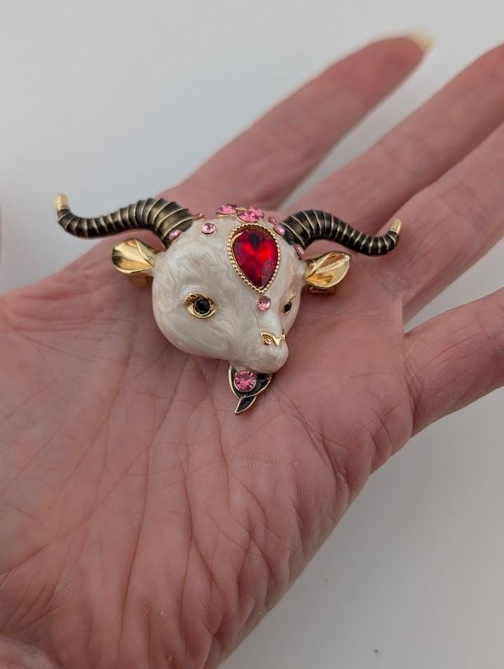 KITSCHY BAPHOMET BROOCH weird little bejeweled lamb goat ram aries devil pin N5