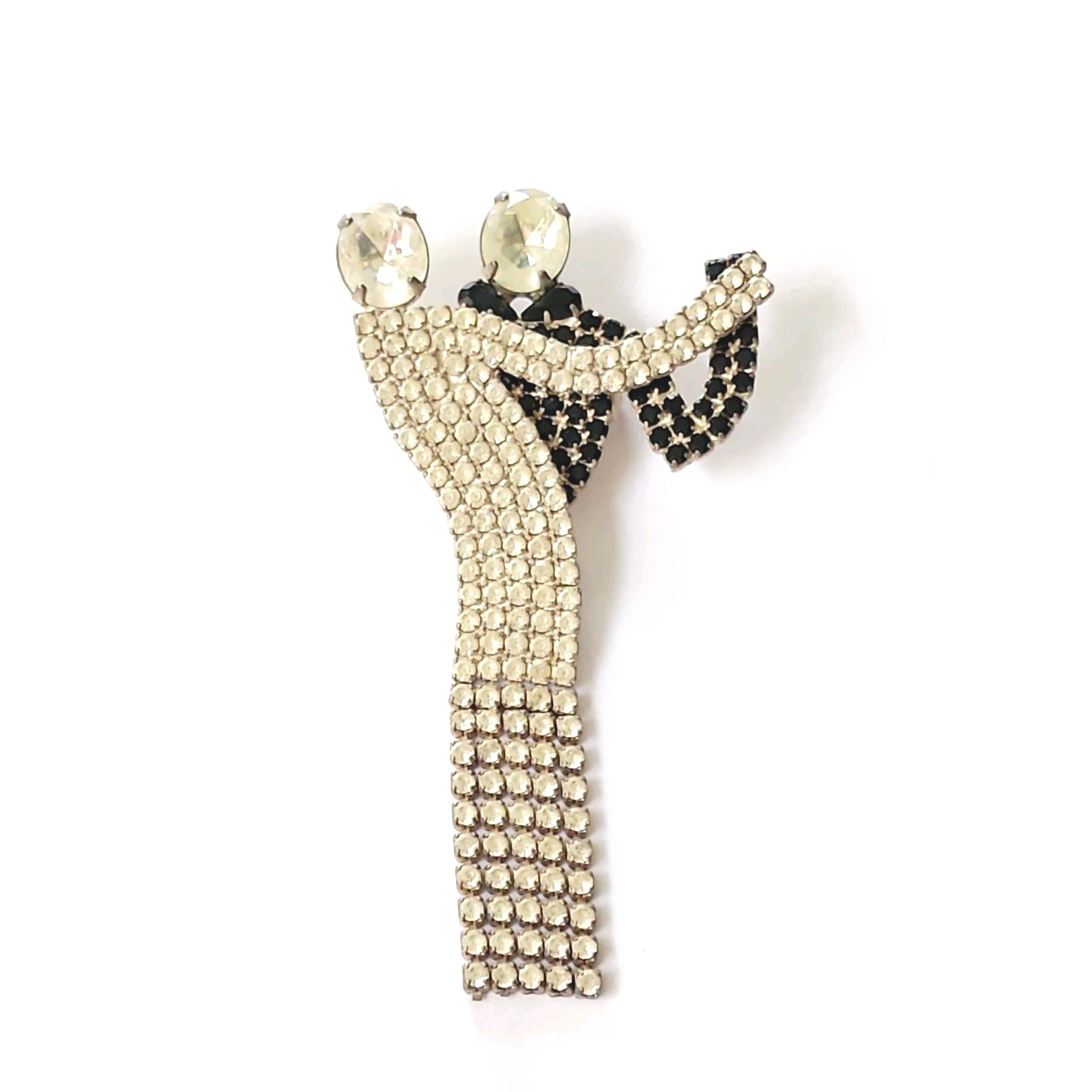 Art Deco Brooch Dancing Black And White Rhinestone Encrusted Moving Couple Pin