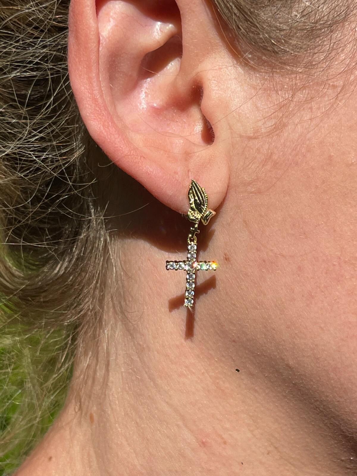 14k Gold Plated Real 925 Sterling Silver Praying Hands Cross Dangle Earrings