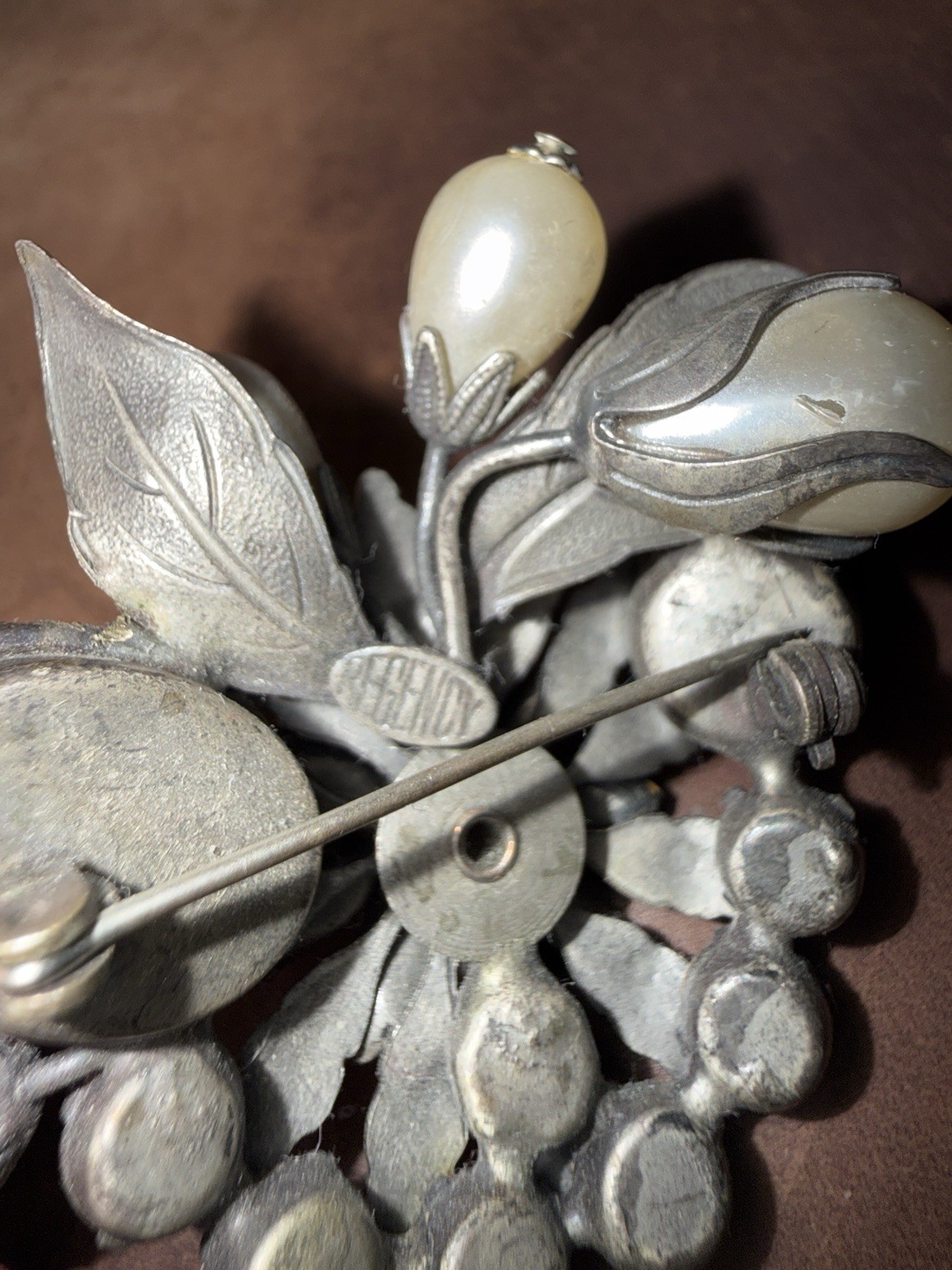 Vintage Signed Regency Blue Rhinestone Faux Pearl Flower Brooch Pin Mid Century
