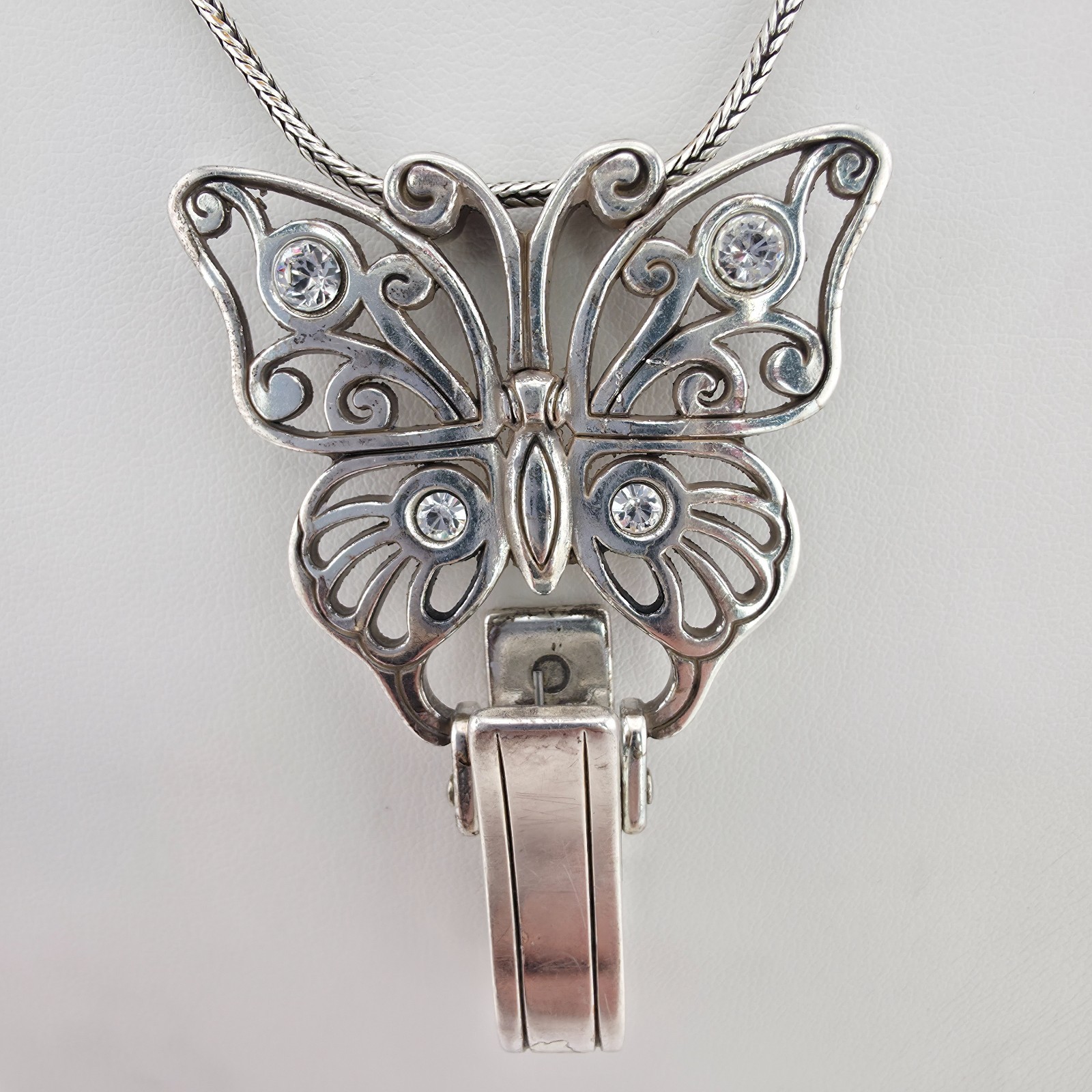 BRIGHTON Butterfly Badge ID Clip Lanyard Necklace Crystal Silver Plate 32″