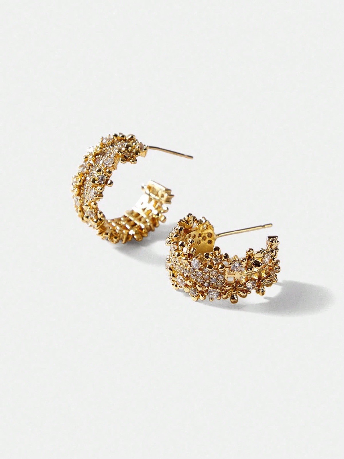 Anthropologie Filigree Hoop Flower Earrings Lattice Crystal Stud Gold CZ Boho