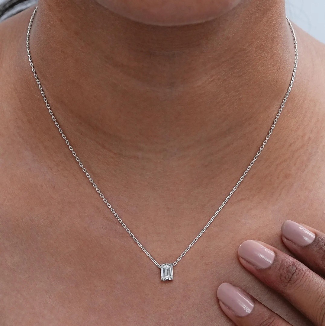 Lab Grown Diamond 1.00 Ct Emerald Cut EF VS Solitaire Necklace in 14K White Gold