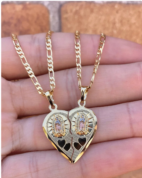 Virgencita de Guadalupe Pendant Heart Broken 14K Gold Filled Necklace 22″ Figaro