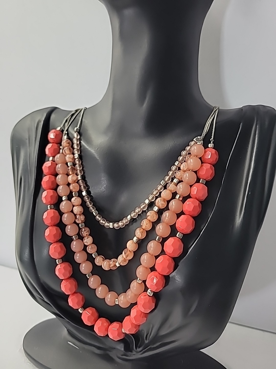 Multi Strand Coral Peach Beaded Statement Necklace Layered Fashion Jewelry