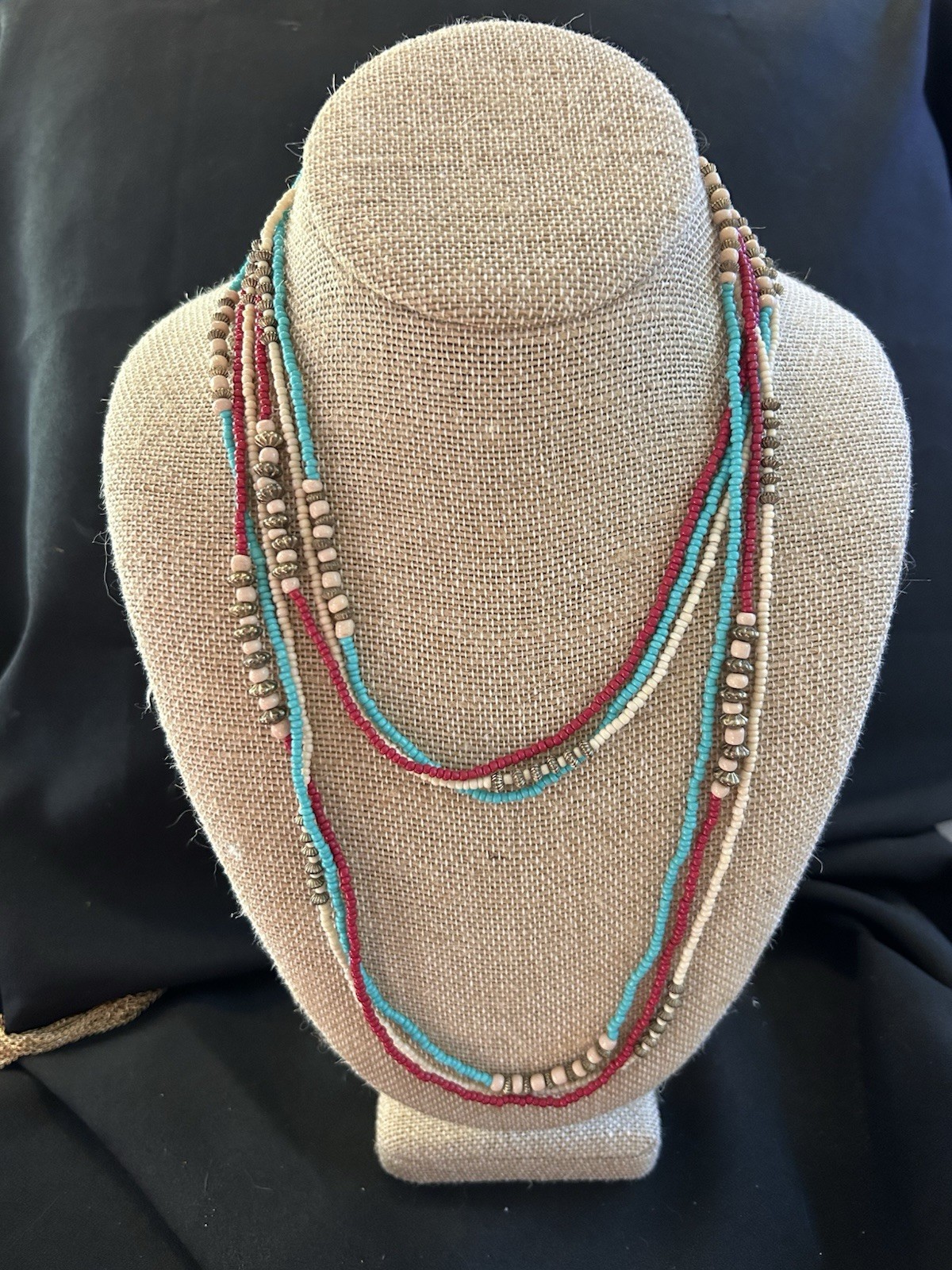 Boho Multistrand Seed Bead Necklace Set Southwestern Red Turquoise Cream Layered