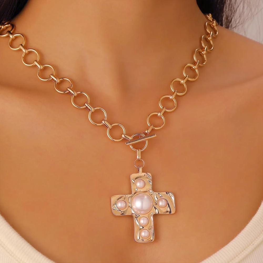 GIGB PBDK Chunky Gold Cross Necklace for Women,Vintage Statement Layered Necklac