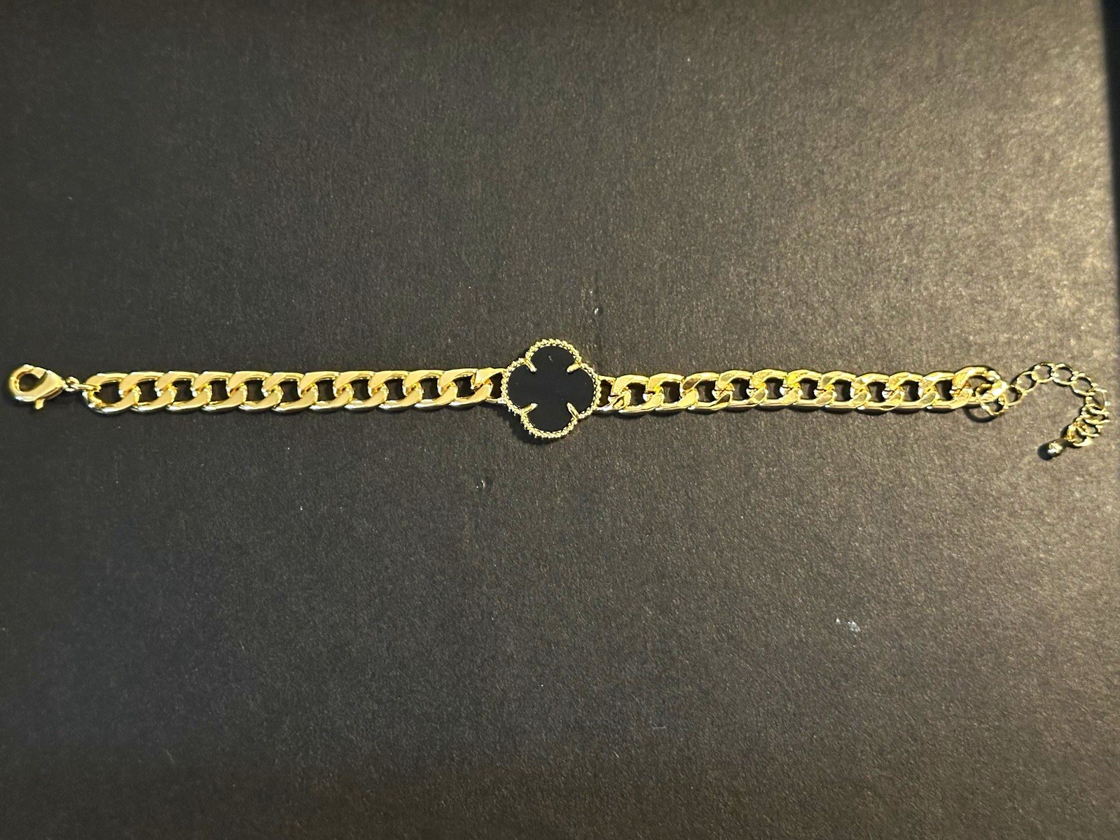 Gold Tone HQ Cable Chain Bracelet Black Clover Dangle Charm Lobster Adjustable
