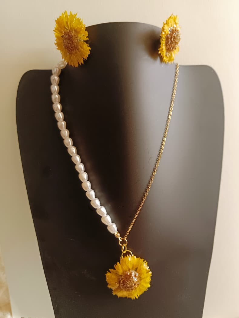 Real Pressed Sunflower Daisy Necklace Dangle Earrings Set Aesthetic Jewelry Gift