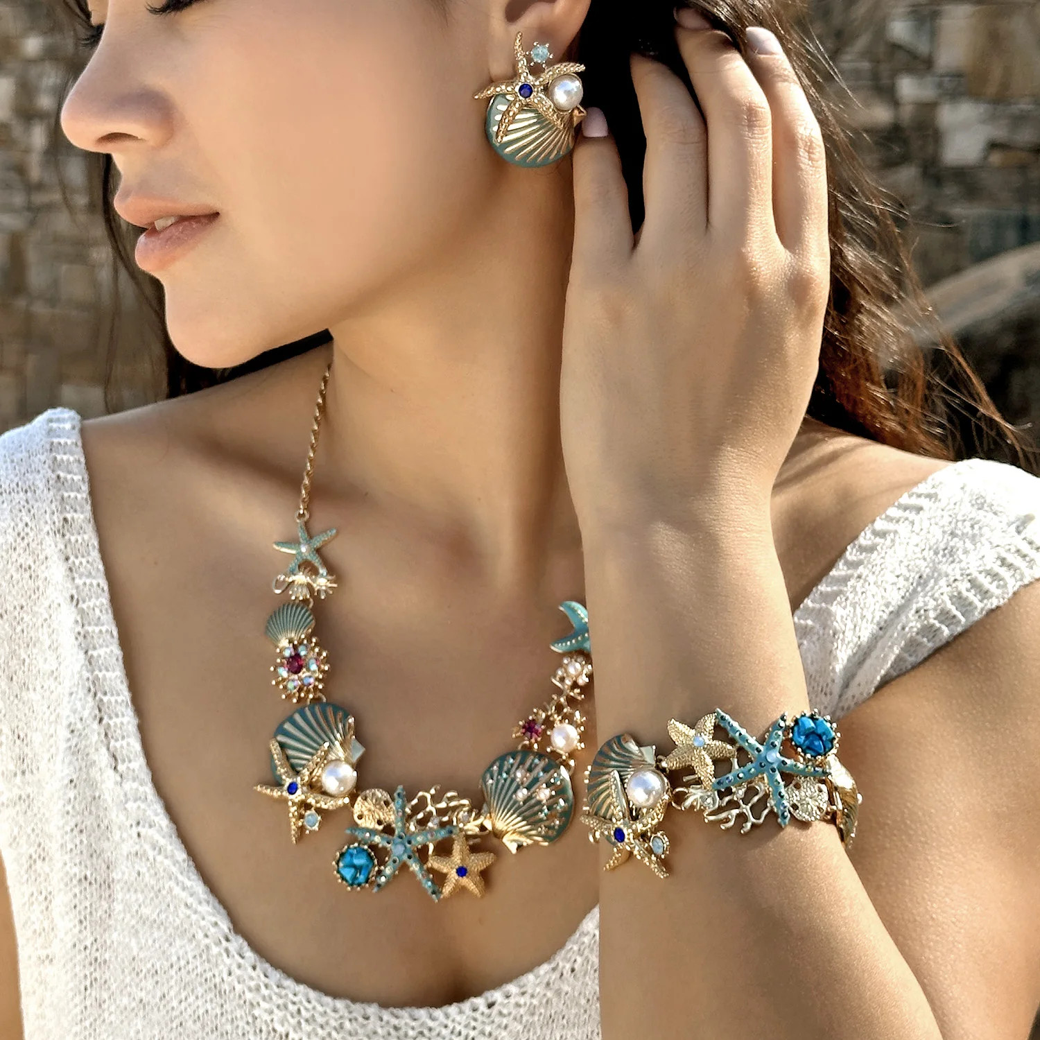 Boho Shiny Starfish Shell Coral Pearl Pendant Necklace For Women Crystal Zircon