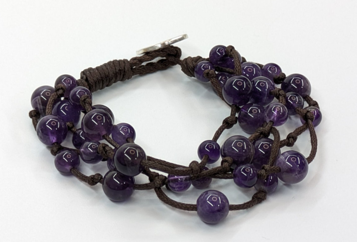 Purple Amethyst Stone Beaded Multi Strand Sterling Silver 925 LA Signed Bracelet