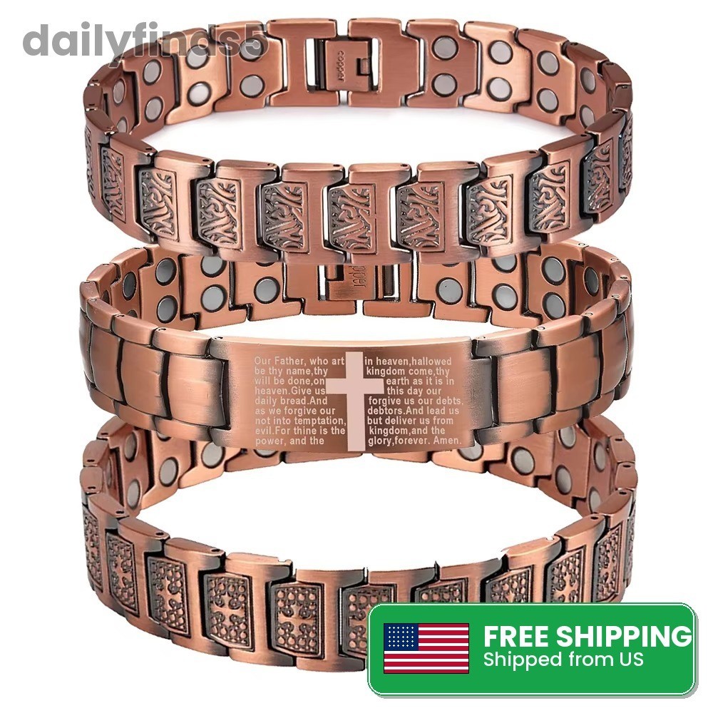 100% Pure Copper Energy Chain Bracelet Magnets Cross Crucifix Therapy Health