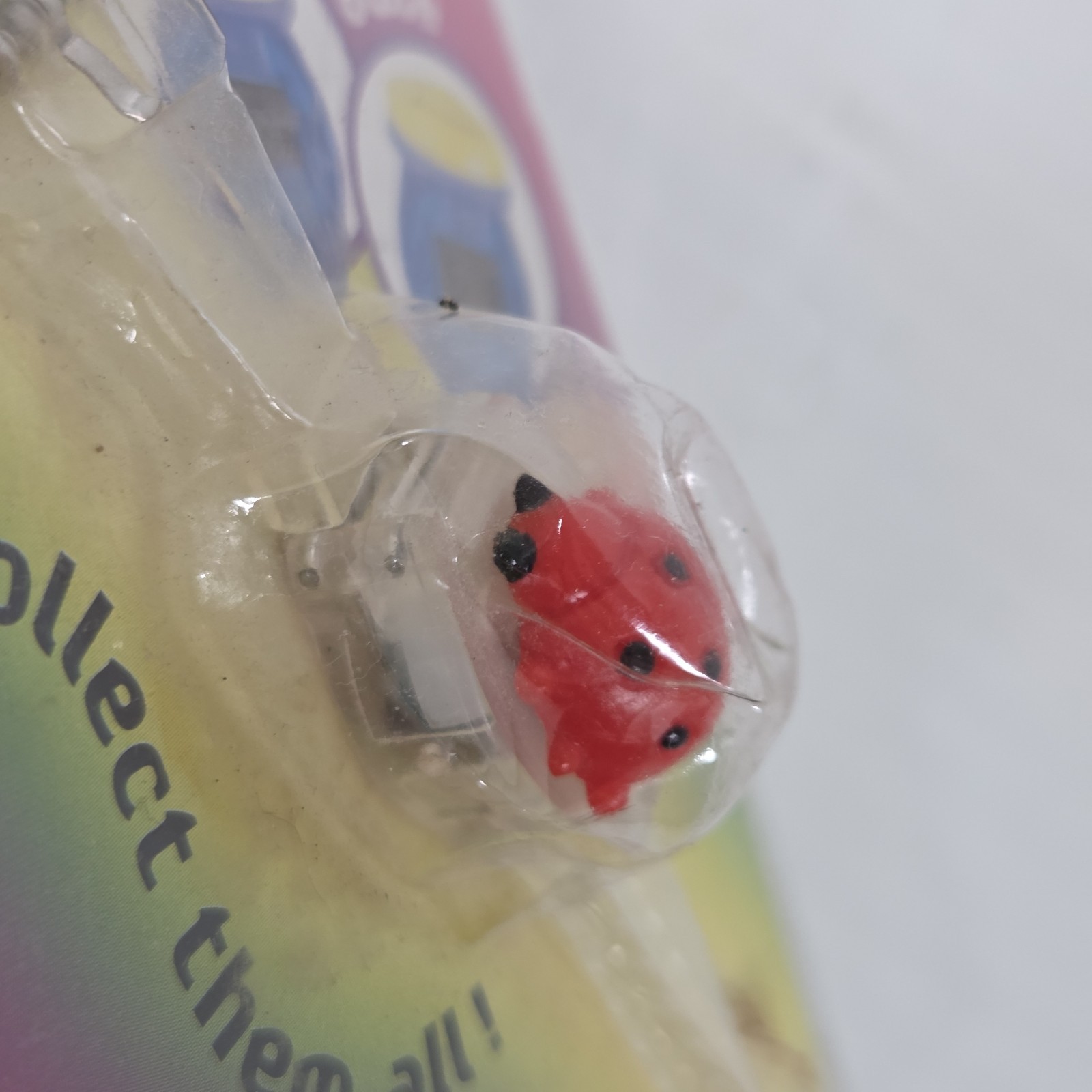 NOS Vintage 90s Digital Ring Watch Clear Red Lady Bug Finger Flips Mini Clock