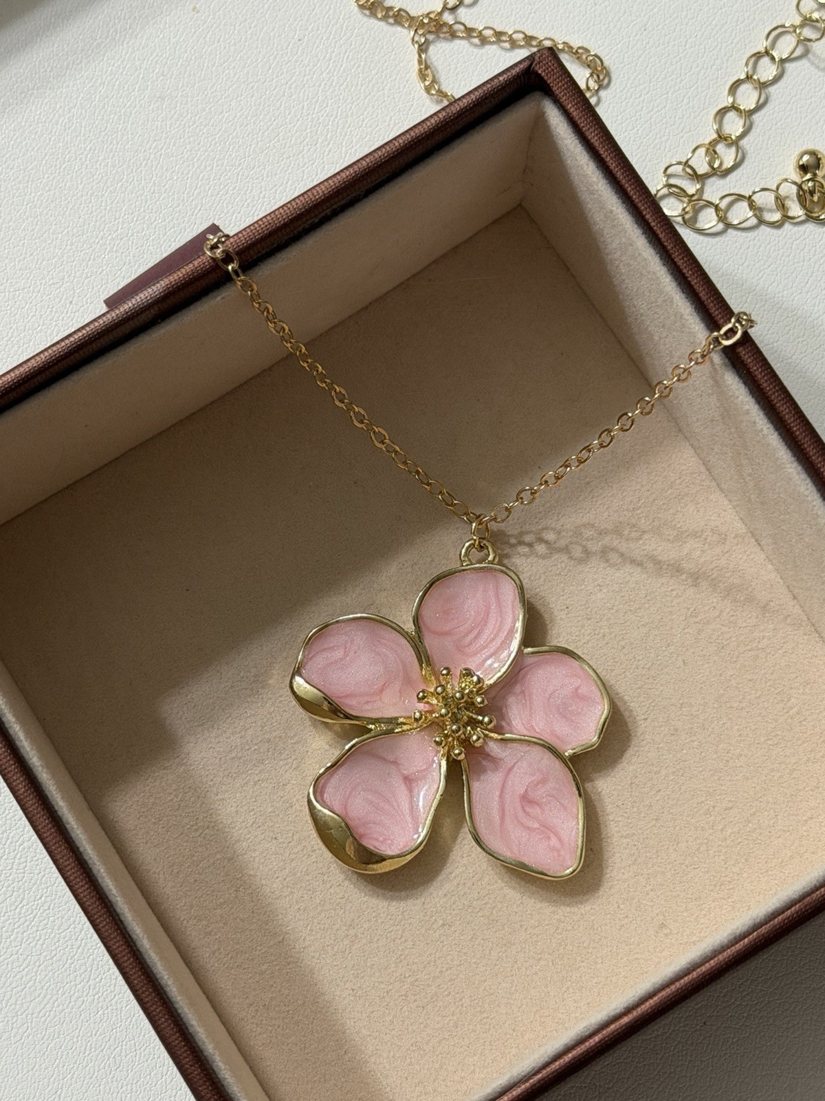 Rose Pink Gold Tone Enamel 5-Petal Flower Necklace – Cable Chain