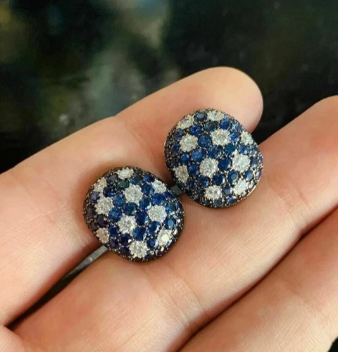 14K White Gold Finish Cluster Stud Women Earrings Round Cut Simulated Sapphire